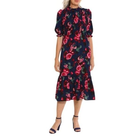 London Times Floral Smocked Bodice A-Line Midi Dress Size 6 Navy Floral - Picture 1 of 13